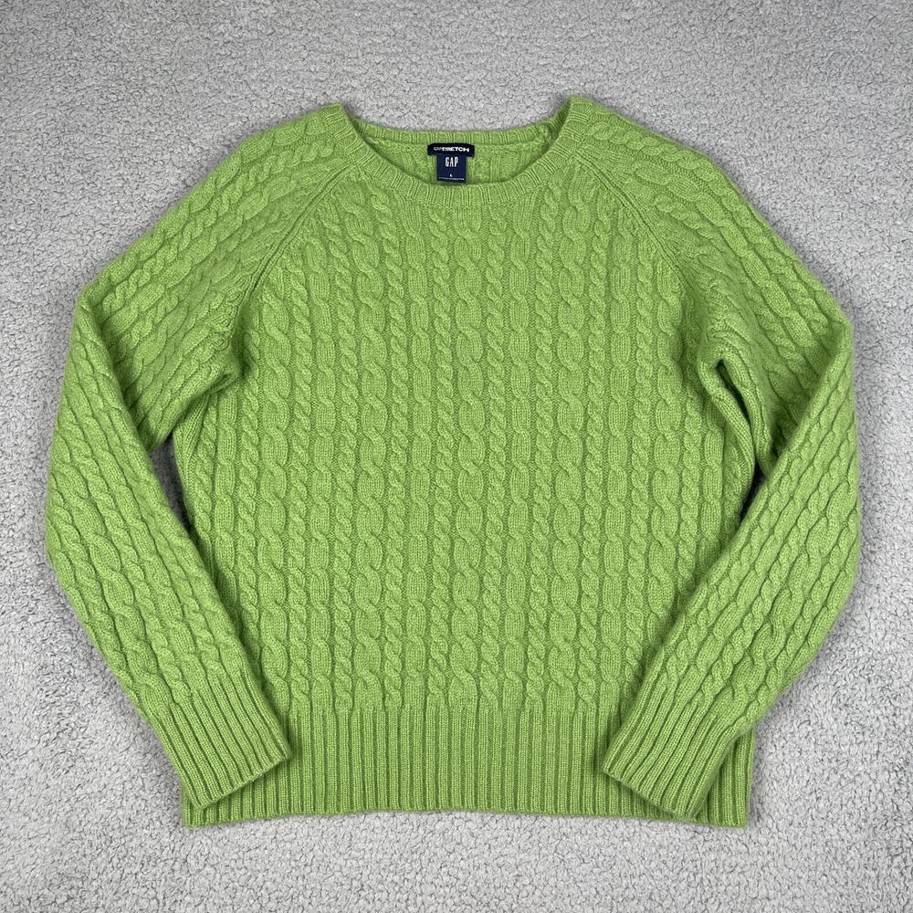 Gap Lambswool Sweater‎ Womens L Green Cable Knit Fishermans Stretch Aran